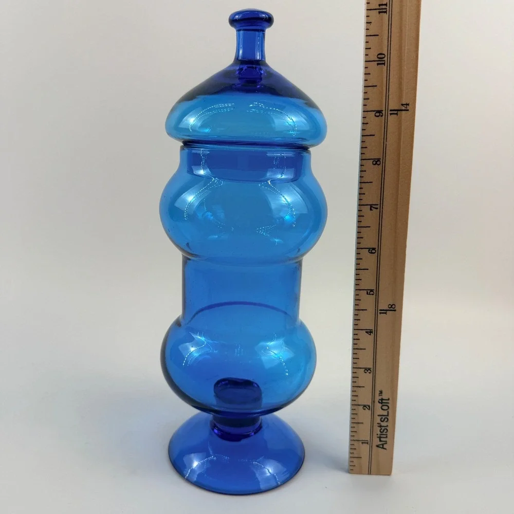 Blue Glass Apothecary Jars Mid Century Modern Lidded Candy Dishes Set of 2